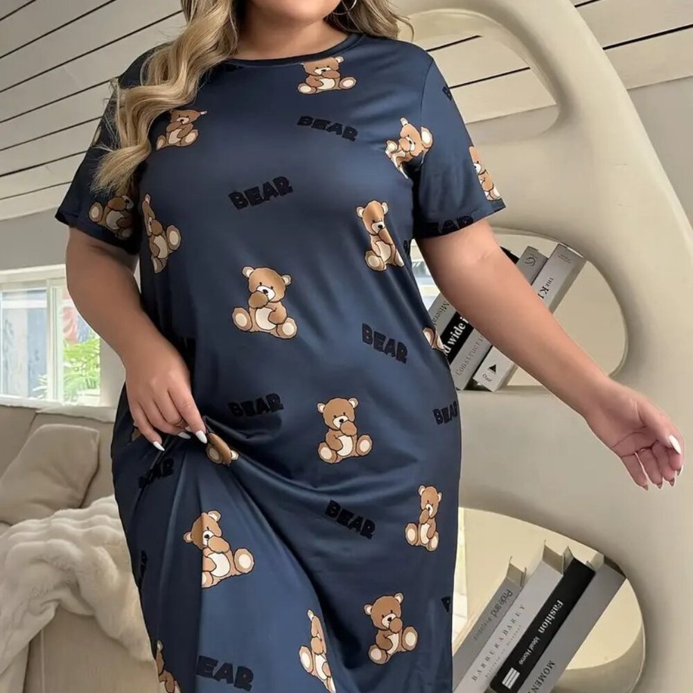 Women Plus Size Navy Cozy Cartoon Bear Print Casual Loose Fit Dress 16W - 22W